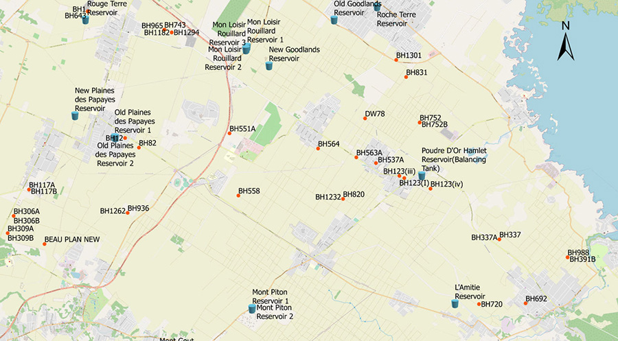 Map showing Reservoirs & Boreholes